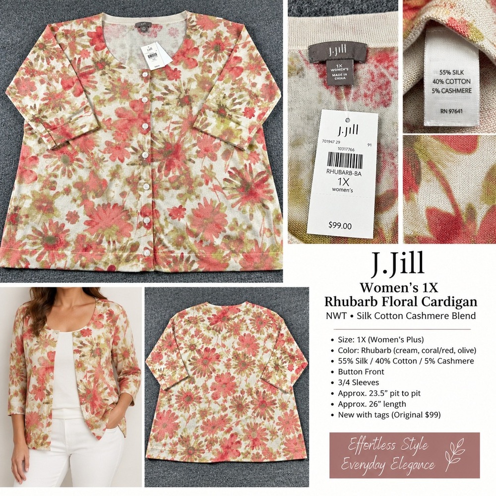 J. Jill Floral Silk Cotton Cashmere Cardigan Rhubarb Pink Green 1X NWT